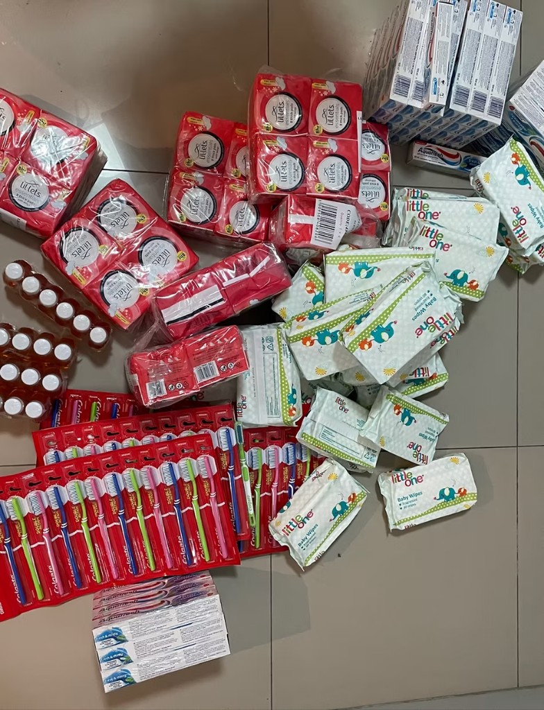 Donated hygiene and health supplies for Blessing Box packages